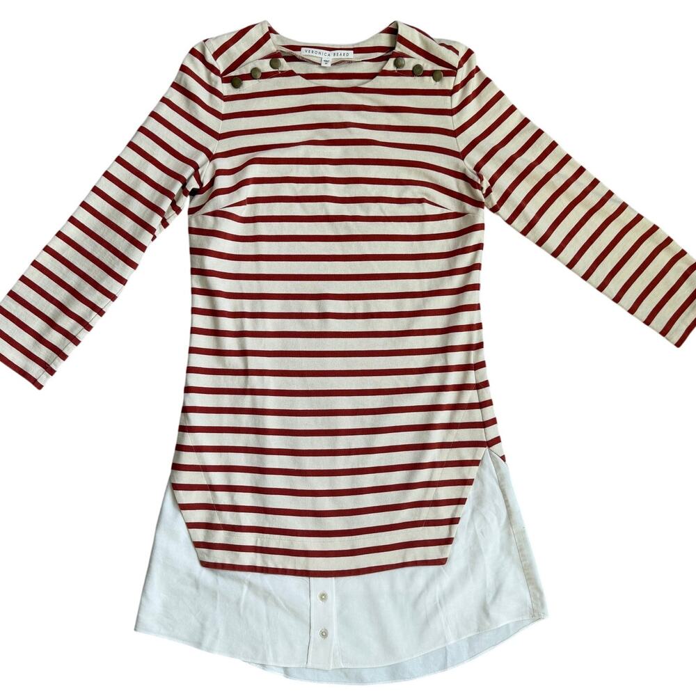 Veronica Beard Stripe Red White Quarter Sleeve Charter Layered Shirt Dress-M